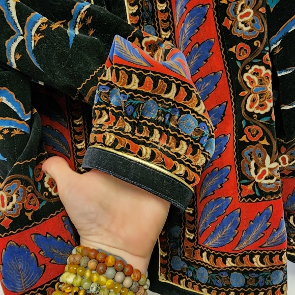 Vintage 80s Saxton Hall rose botanical peacock print Velvet Jacket - Picture 6 of 13